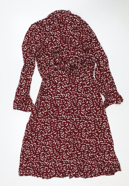 M&S Womens Red Floral Viscose Shirt Dress UK 8 Long Sleeve