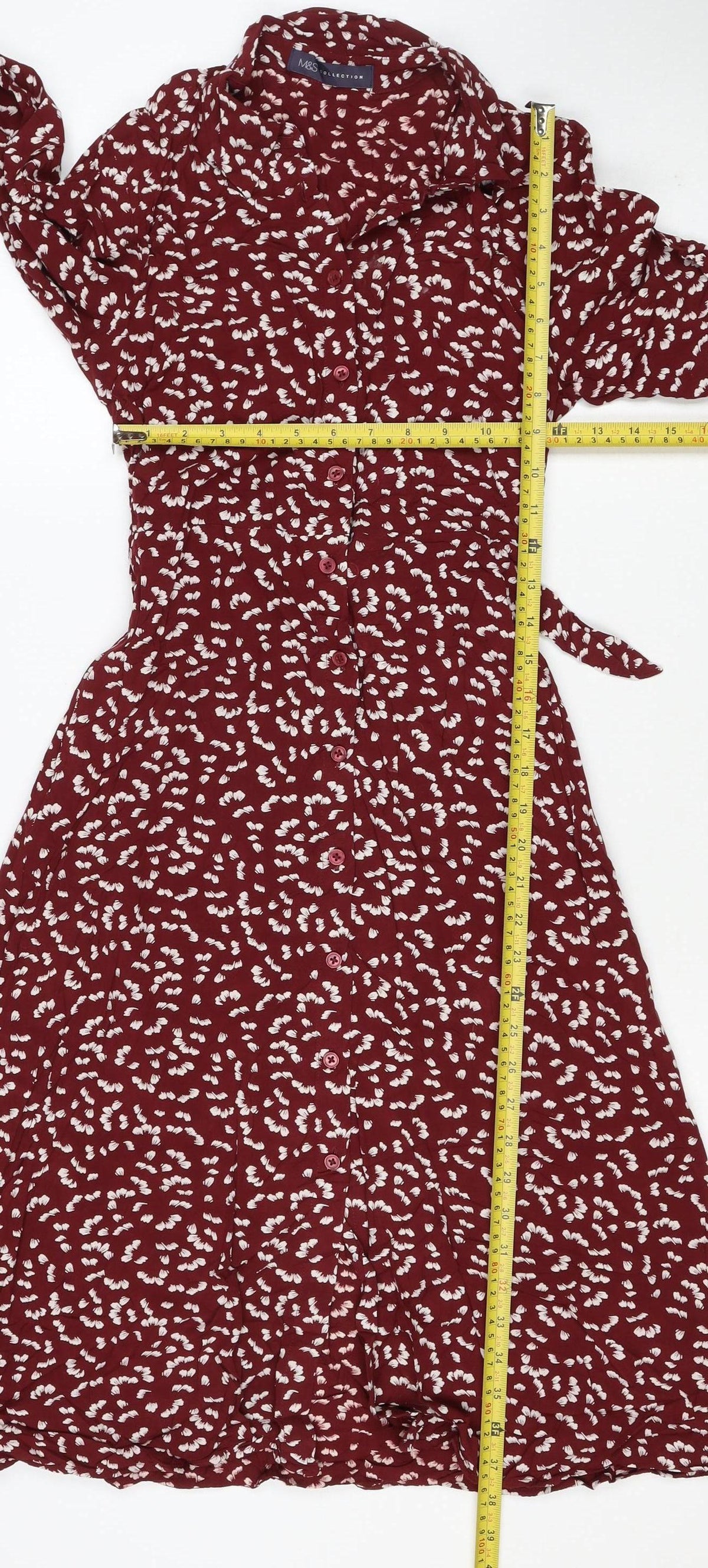 M&S Womens Red Floral Viscose Shirt Dress UK 8 Long Sleeve