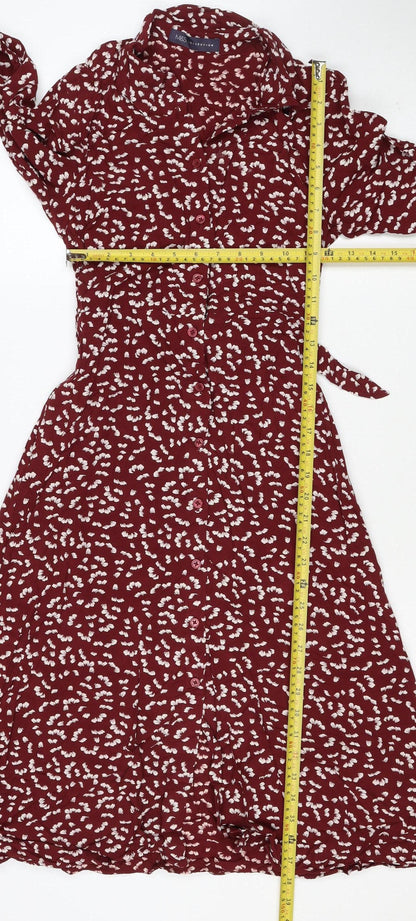 M&S Womens Red Floral Viscose Shirt Dress UK 8 Long Sleeve
