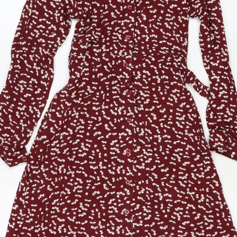 M&S Womens Red Floral Viscose Shirt Dress UK 8 Long Sleeve