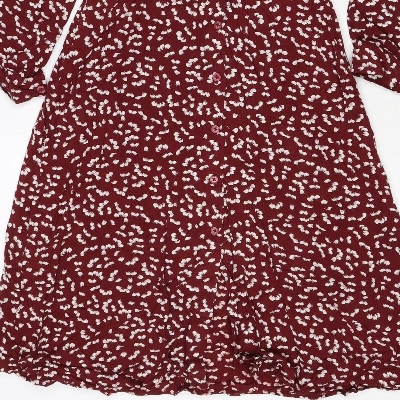 M&S Womens Red Floral Viscose Shirt Dress UK 8 Long Sleeve