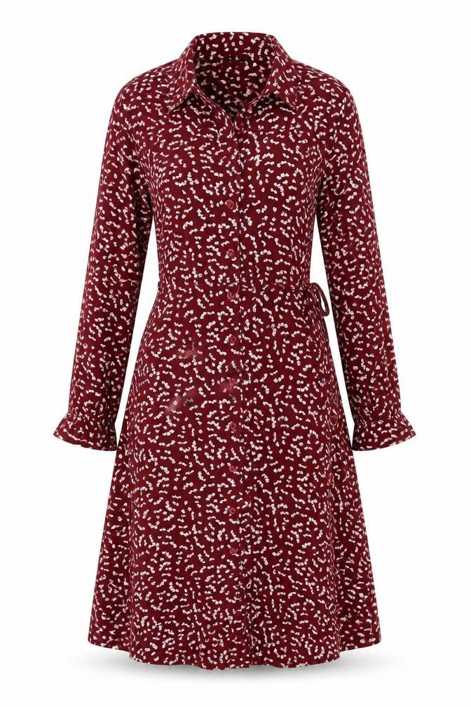 M&S Womens Red Floral Viscose Shirt Dress UK 8 Long Sleeve