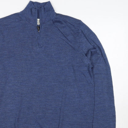 M&S Autograph Men Blue M Merino Wool 1/4 Zip High Neck Jumper