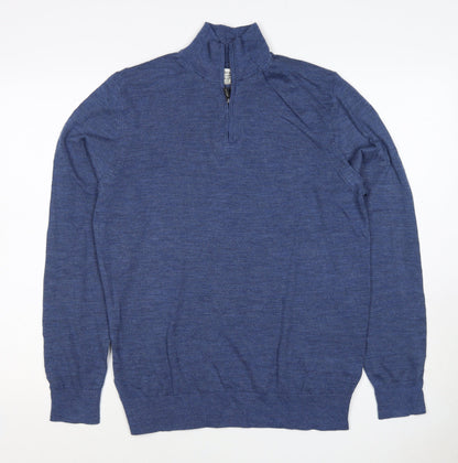 M&S Autograph Men Blue M Merino Wool 1/4 Zip High Neck Jumper