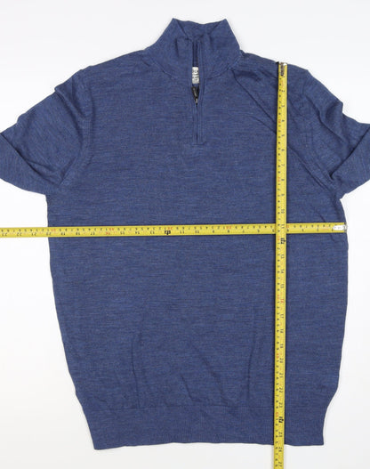 M&S Autograph Men Blue M Merino Wool 1/4 Zip High Neck Jumper