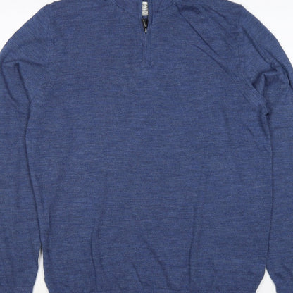 M&S Autograph Men Blue M Merino Wool 1/4 Zip High Neck Jumper