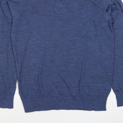 M&S Autograph Men Blue M Merino Wool 1/4 Zip High Neck Jumper