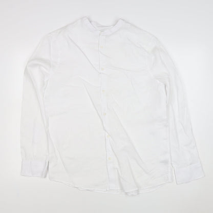M&S Men’s White M Pure Linen Band Collar Long Sleeve Button-Up Shirt