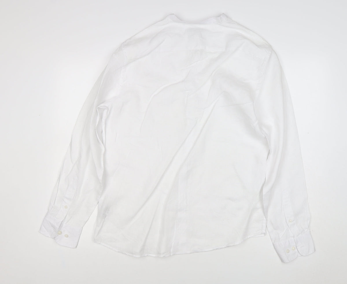 M&S Men’s White M Pure Linen Band Collar Long Sleeve Button-Up Shirt