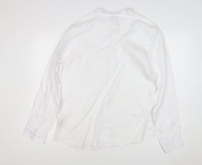 M&S Men’s White M Pure Linen Band Collar Long Sleeve Button-Up Shirt