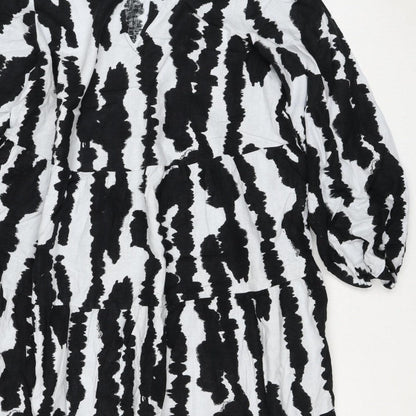 M&S Women Black White Linen Rich Size 14 Shift Knee Dress