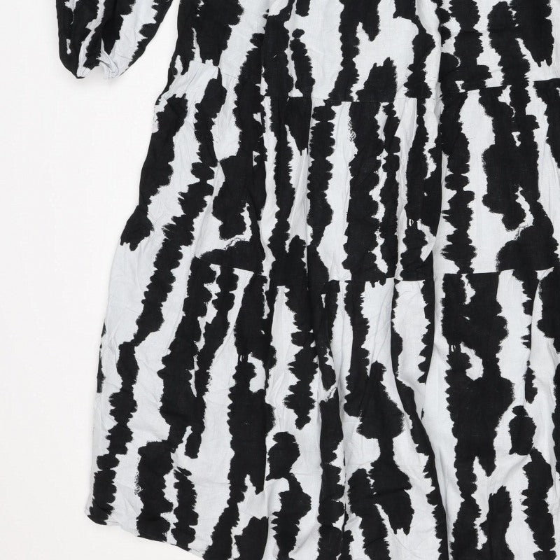 M&S Women Black White Linen Rich Size 14 Shift Knee Dress