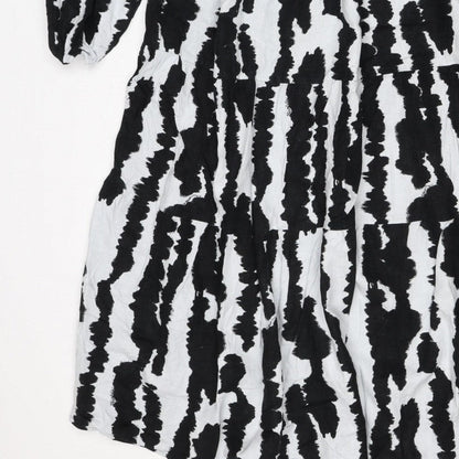 M&S Women Black White Linen Rich Size 14 Shift Knee Dress