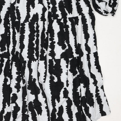 M&S Women Black White Linen Rich Size 14 Shift Knee Dress