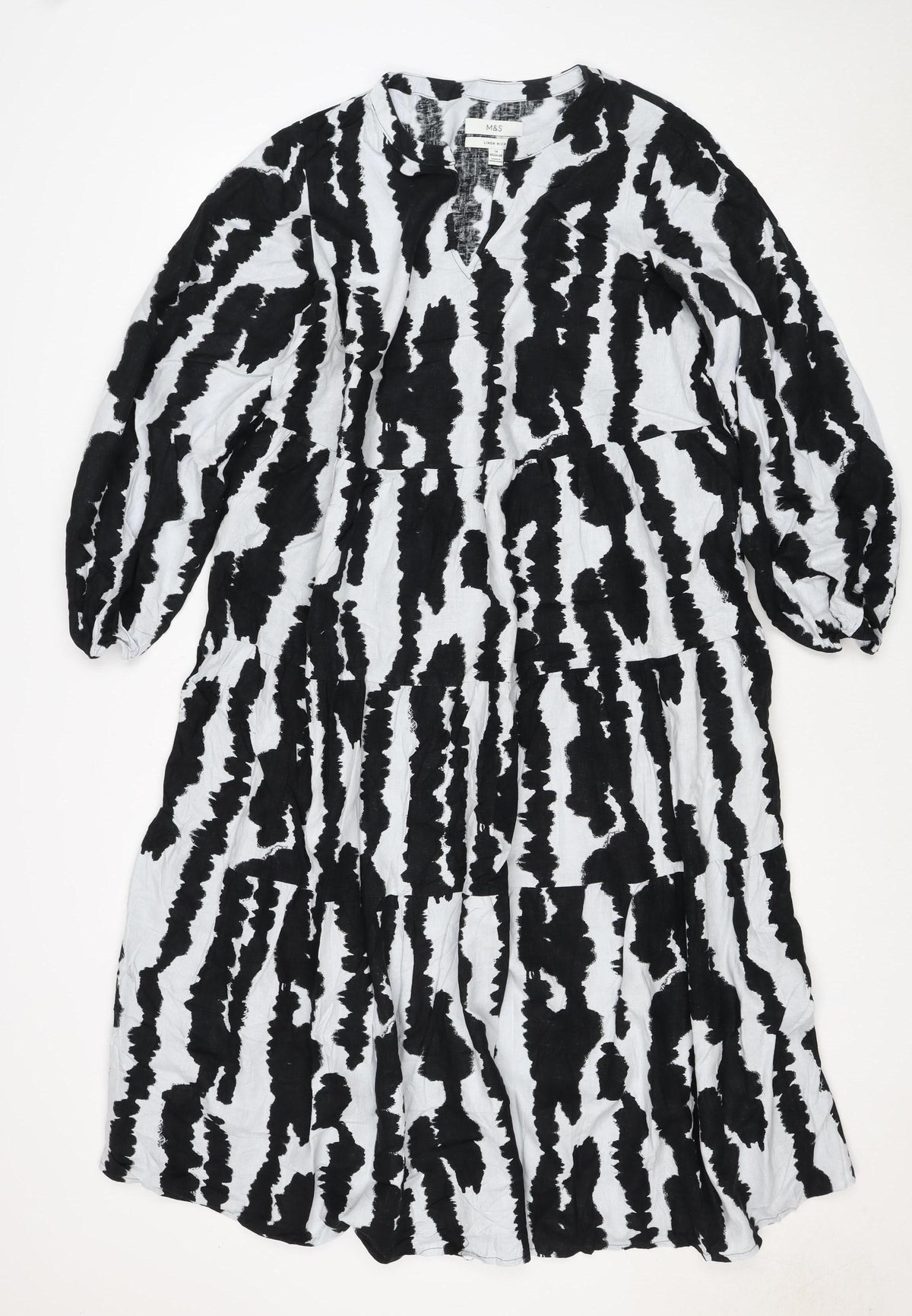 M&S Women Black White Linen Rich Size 14 Shift Knee Dress