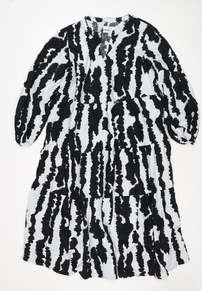 M&S Women Black White Linen Rich Size 14 Shift Knee Dress