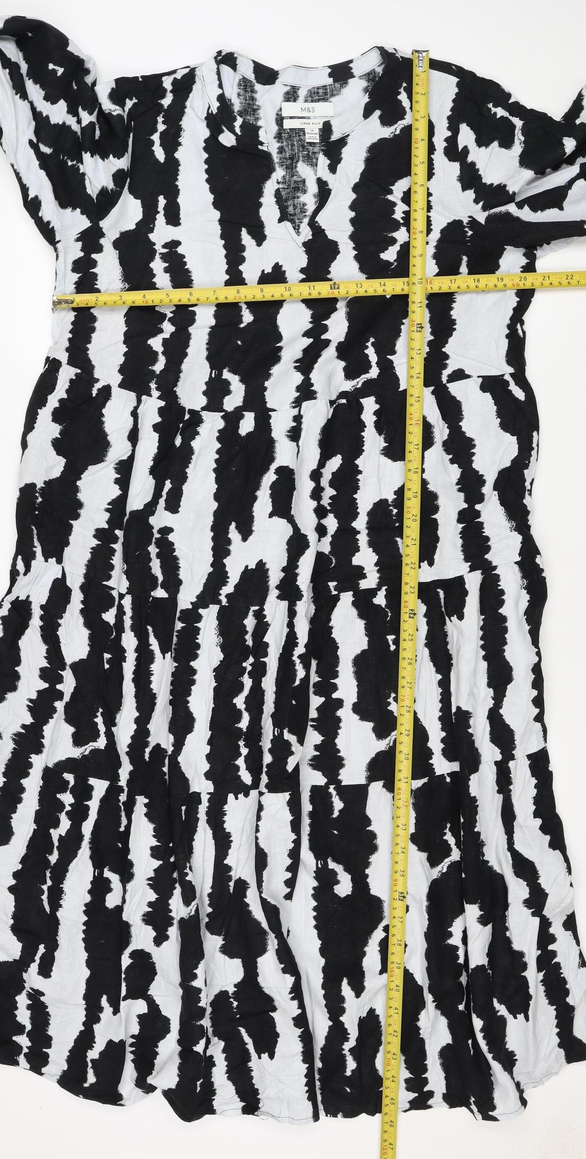 M&S Women Black White Linen Rich Size 14 Shift Knee Dress