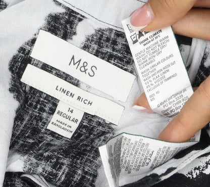 M&S Women Black White Linen Rich Size 14 Shift Knee Dress