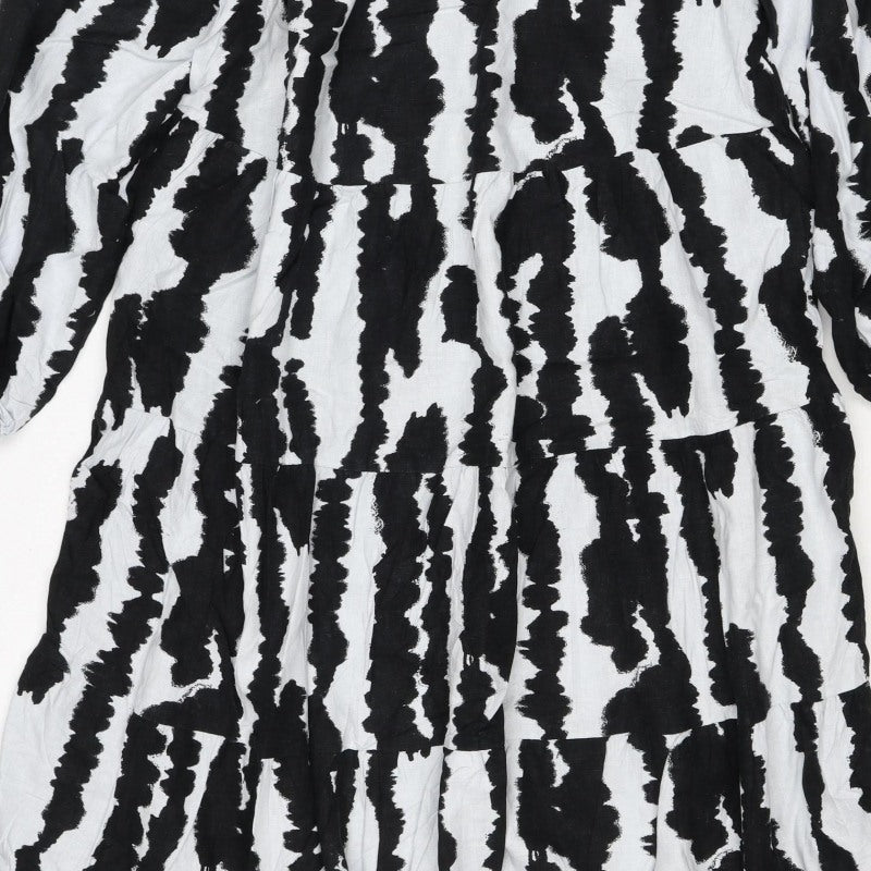 M&S Women Black White Linen Rich Size 14 Shift Knee Dress