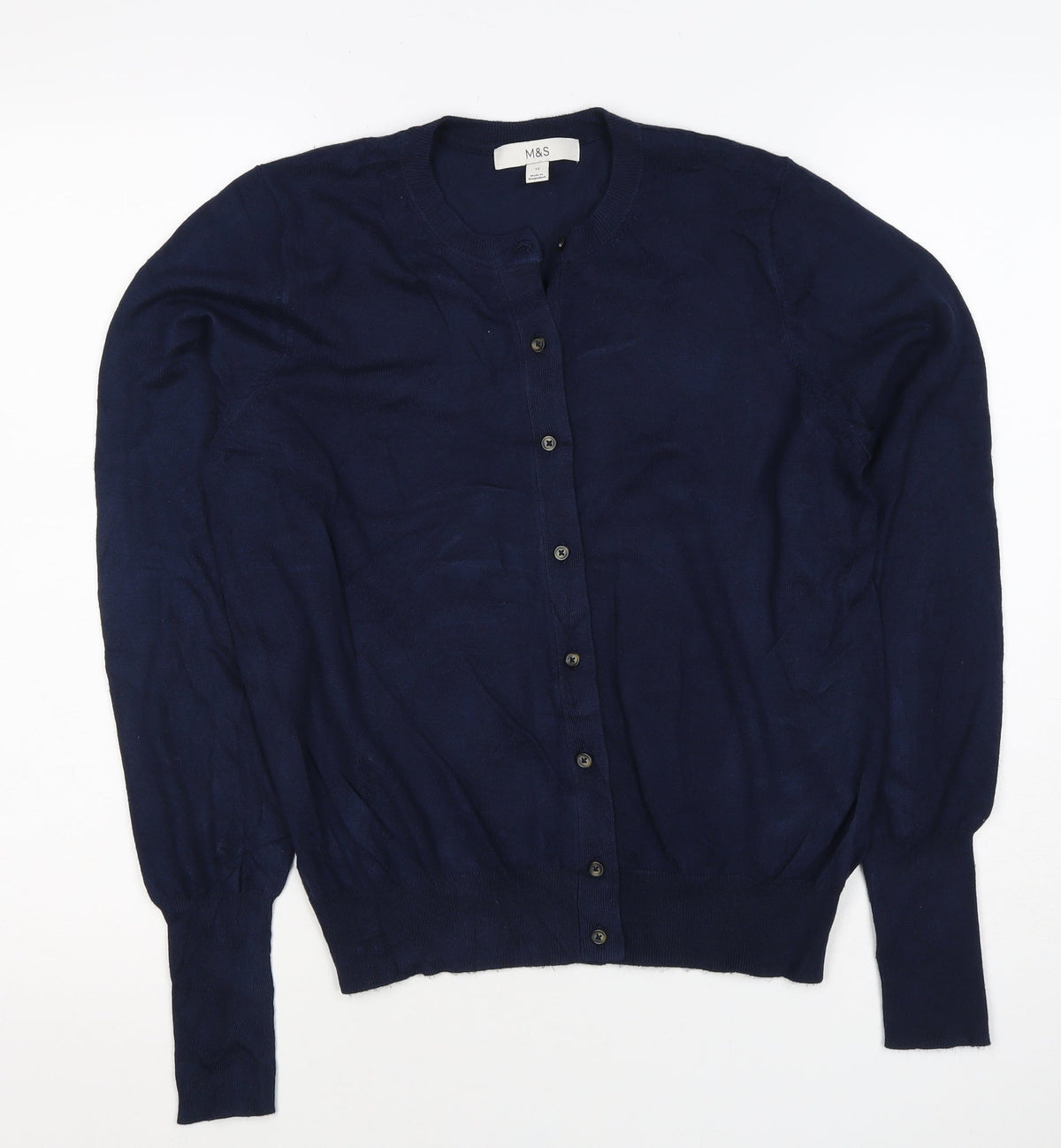 Marks and Spencer Women Blue Size 12 Round Neck Button Cardigan