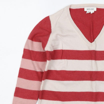 White Stuff Women Multicoloured UK 14 Merino Wool Striped V-Neck Jumper