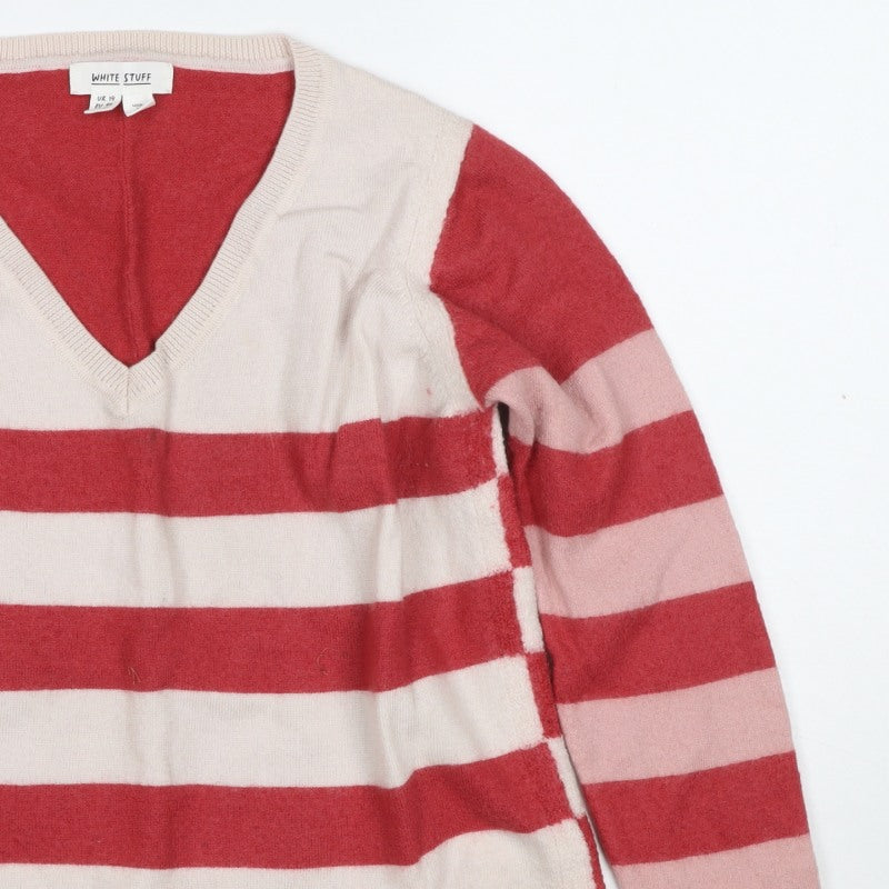 White Stuff Women Multicoloured UK 14 Merino Wool Striped V-Neck Jumper