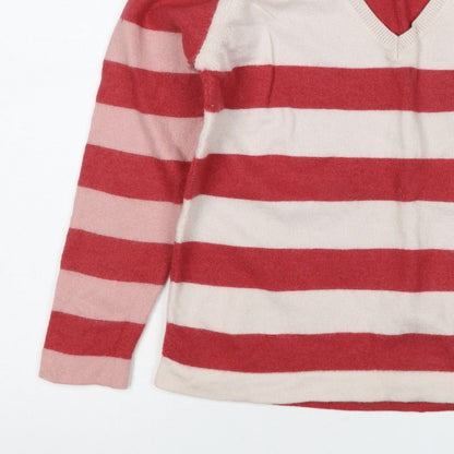 White Stuff Women Multicoloured UK 14 Merino Wool Striped V-Neck Jumper