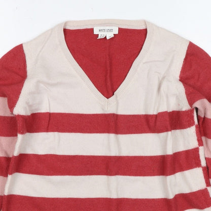 White Stuff Women Multicoloured UK 14 Merino Wool Striped V-Neck Jumper