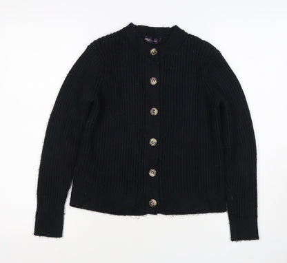 M&S Collection Women Black M Ribbed Button Mock Neck Cardigan