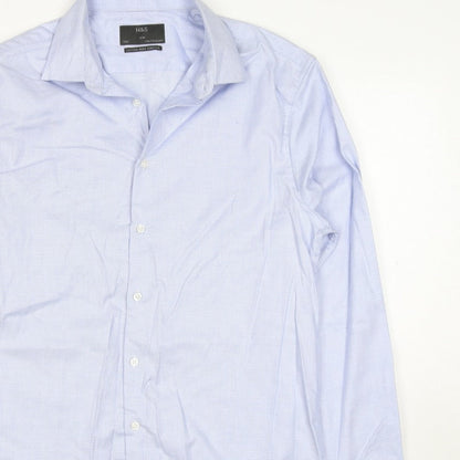 Marks & Spencer Men Blue Check Slim 15.5 Cotton Stretch Formal Shirt