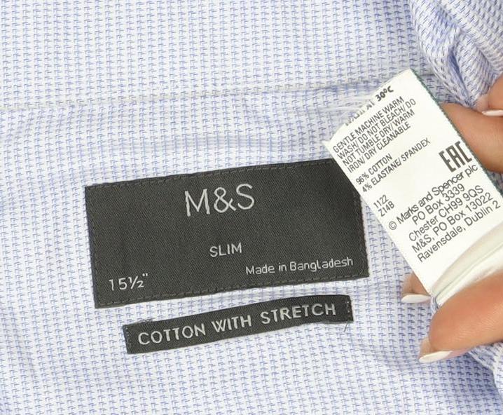 Marks & Spencer Men Blue Check Slim 15.5 Cotton Stretch Formal Shirt