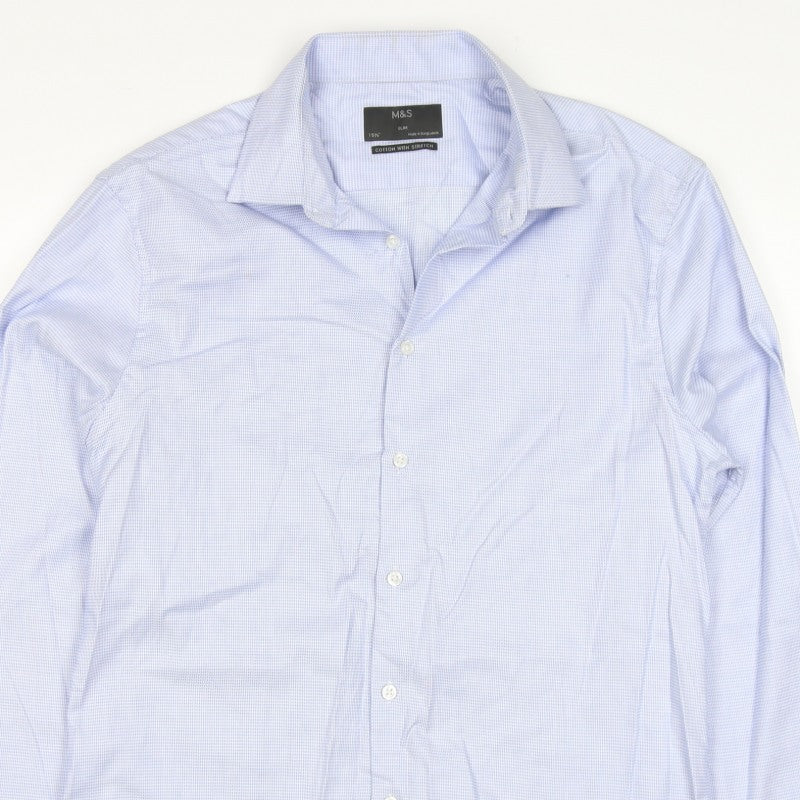 Marks & Spencer Men Blue Check Slim 15.5 Cotton Stretch Formal Shirt