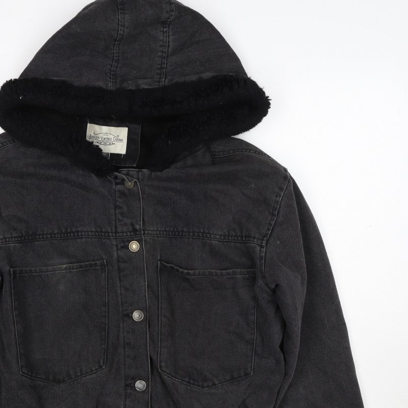 Ashley Vintage Charm Women Black L Hooded Denim Jacket Faux Fur Lined