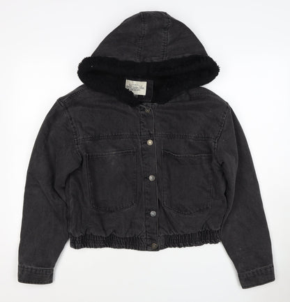 Ashley Vintage Charm Women Black L Hooded Denim Jacket Faux Fur Lined