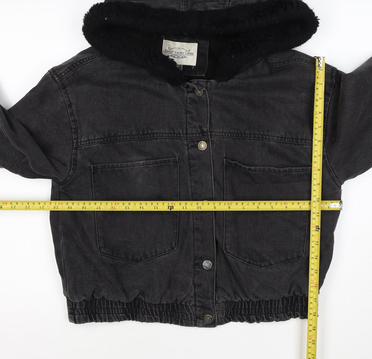 Ashley Vintage Charm Women Black L Hooded Denim Jacket Faux Fur Lined