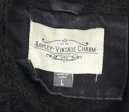 Ashley Vintage Charm Women Black L Hooded Denim Jacket Faux Fur Lined