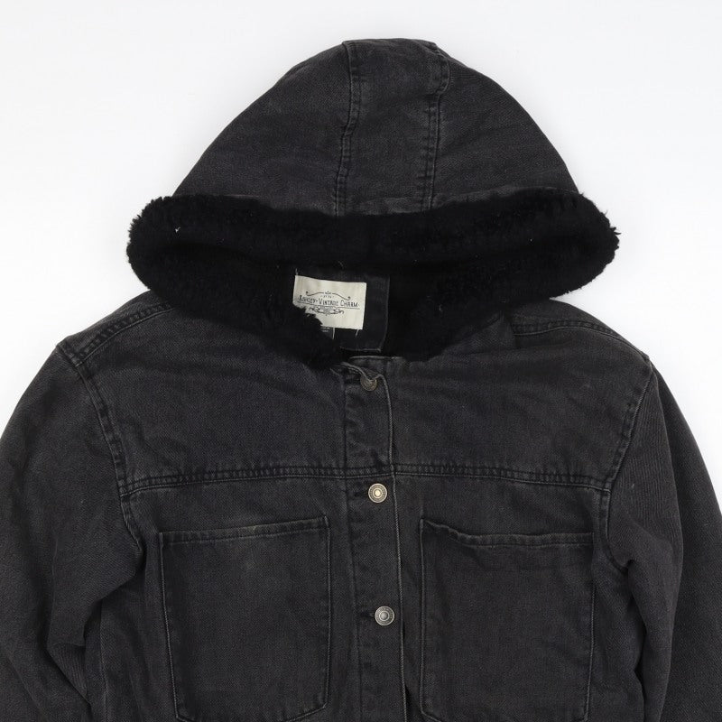 Ashley Vintage Charm Women Black L Hooded Denim Jacket Faux Fur Lined
