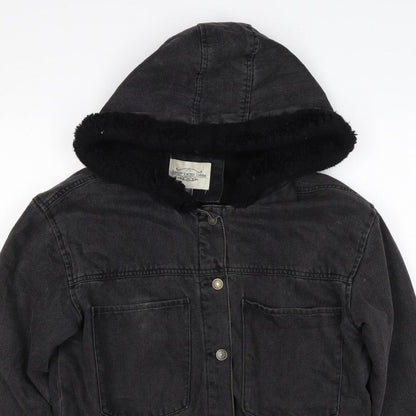 Ashley Vintage Charm Women Black L Hooded Denim Jacket Faux Fur Lined