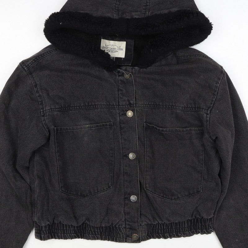 Ashley Vintage Charm Women Black L Hooded Denim Jacket Faux Fur Lined