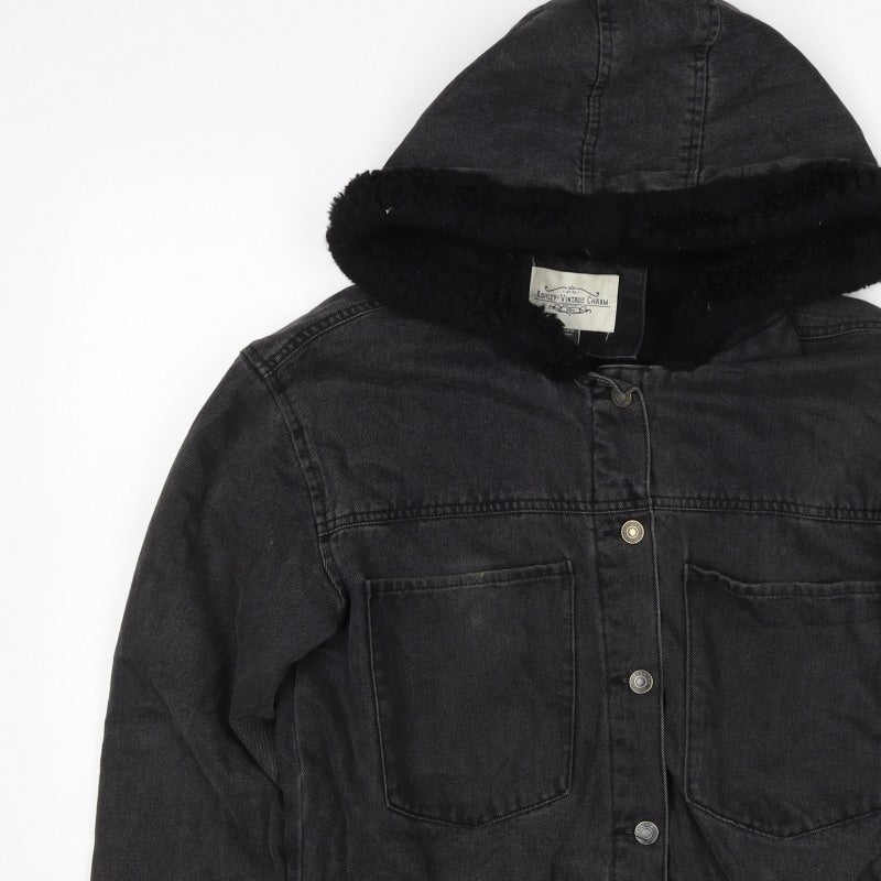 Ashley Vintage Charm Women Black L Hooded Denim Jacket Faux Fur Lined