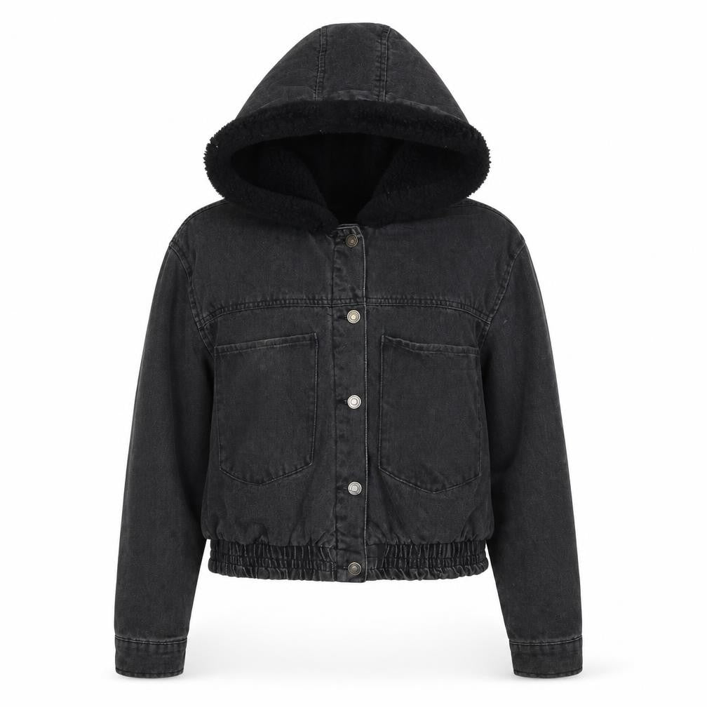 Ashley Vintage Charm Women Black L Hooded Denim Jacket Faux Fur Lined