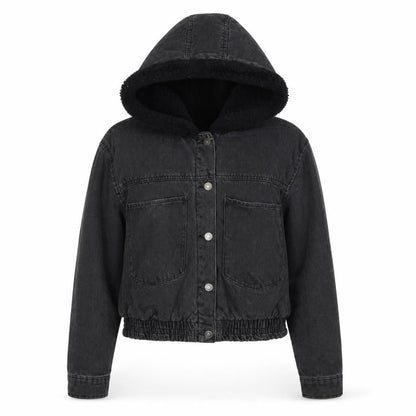 Ashley Vintage Charm Women Black L Hooded Denim Jacket Faux Fur Lined