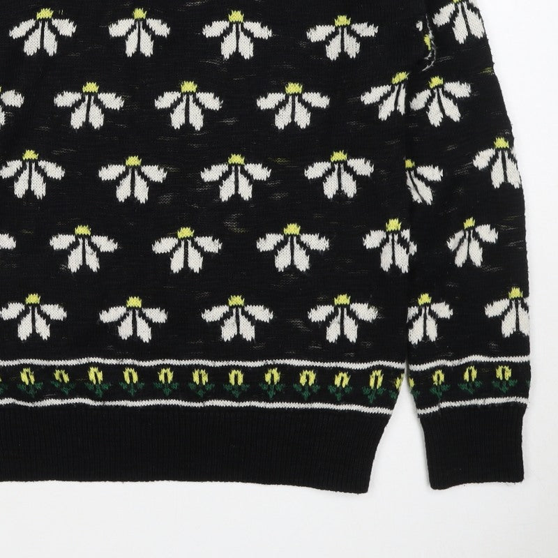 Cooperative Women Black S Floral Knit Crew Neck Vintage Jumper
