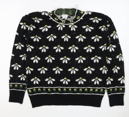 Cooperative Women Black S Floral Knit Crew Neck Vintage Jumper