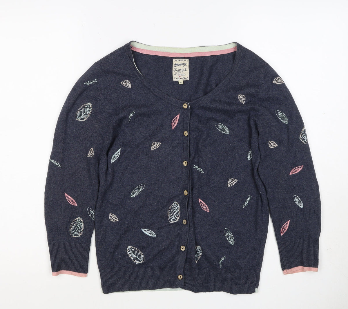 Mantaray Women’s Blue Size 10 Leaf Embroidered Button Cardigan