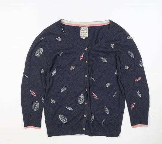 Mantaray Women’s Blue Size 10 Leaf Embroidered Button Cardigan