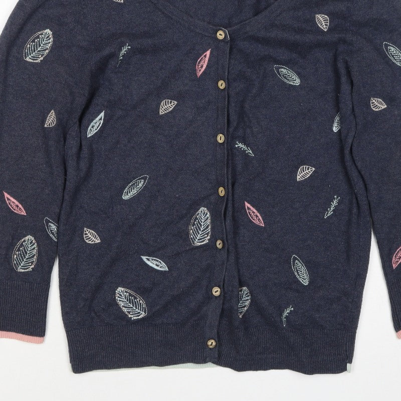 Mantaray Women’s Blue Size 10 Leaf Embroidered Button Cardigan
