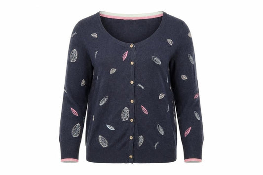 Mantaray Women’s Blue Size 10 Leaf Embroidered Button Cardigan
