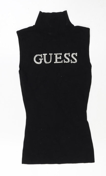 Guess Women’s Black S Rhinestone Logo Mock Neck Knit Tunic Tank Top