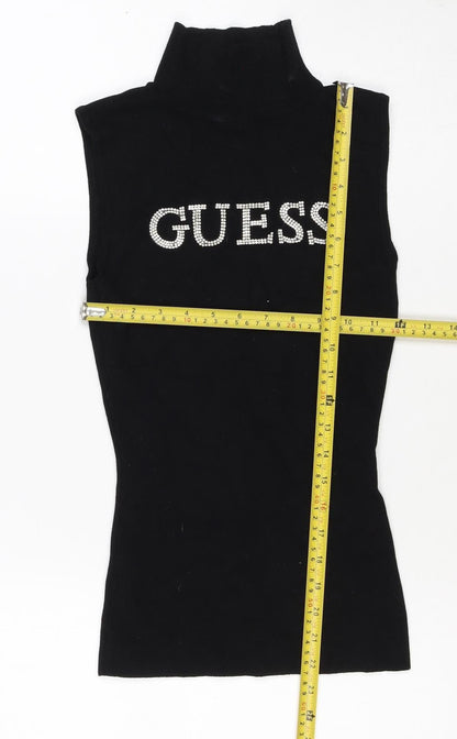 Guess Women’s Black S Rhinestone Logo Mock Neck Knit Tunic Tank Top